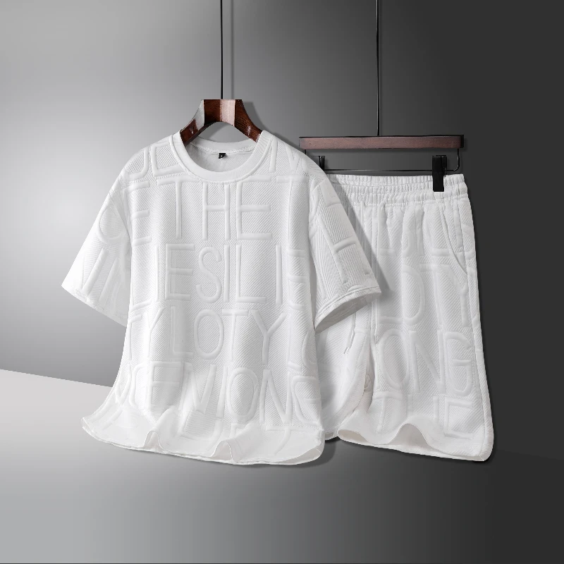 

Solid Color Loose Men's Short Sleeve T-Shirt Drawstring Shorts Set Summer Trendy Brand Flower Pattern Round Neck Casual Top