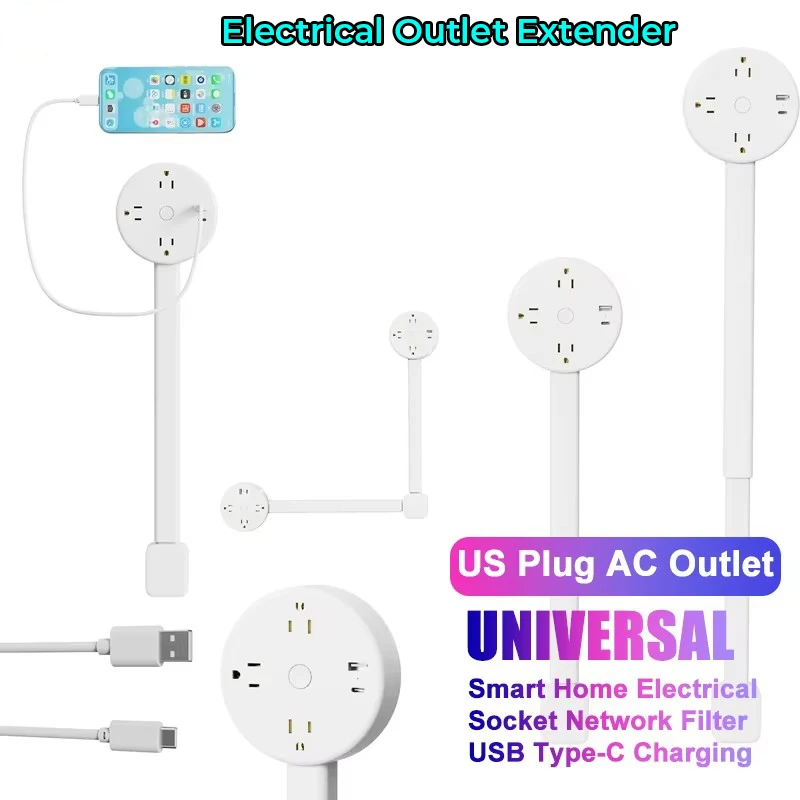 Electrical Wall Plug Rotates Electrical Outlet Extender Adjustable Length Power Outlets Extender Power Socket for NightStand