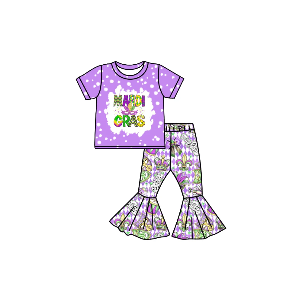 Boutique Girls Purple Mardi Gras Outfits Short Sleeves Top Mask-Bow Bell Pants Set