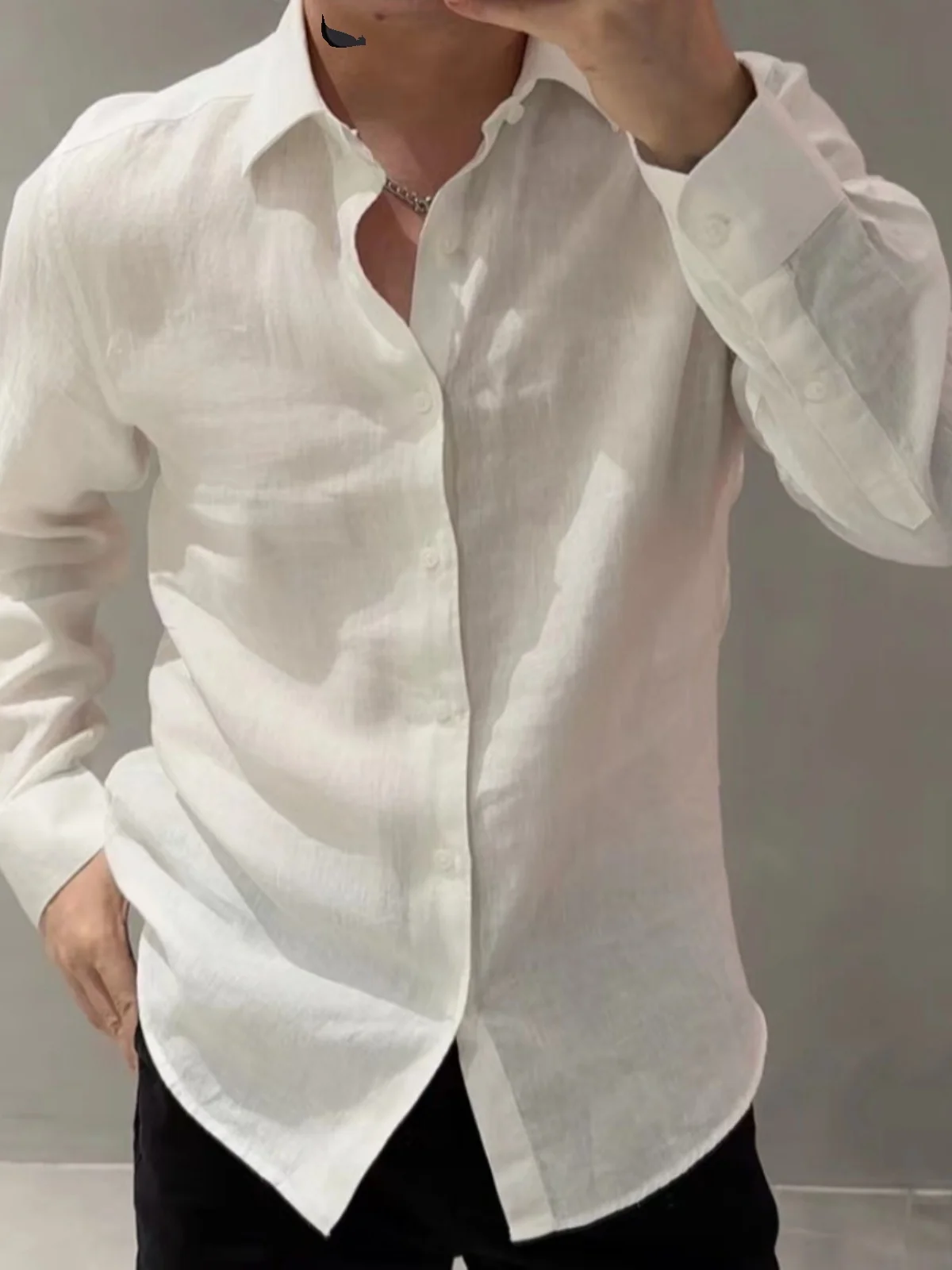 

Men's Casual Linen Shirt Comfortable Breathable Long Sleeve Fashionable Summer Outerwear Pure Color Trendy Loose Fit Shirt