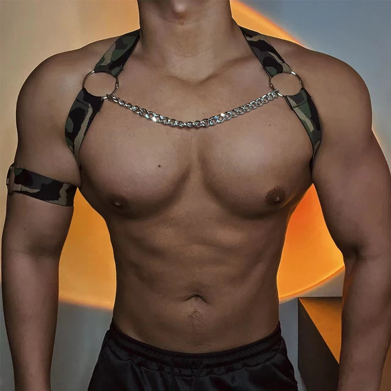 男性、アームバンド、ディスコ、dj、男性用のカモフラージュチェーンチェストストラップ、ポールダンスアクセサリー、ゴゴココスチューム、ステージショー、xs5065