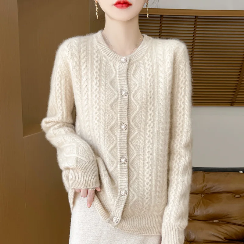 2024 Autumn and Winter New Strict Selection Wool Cardigan round Neck Pearl Jacquard Design Sense Women's Short J