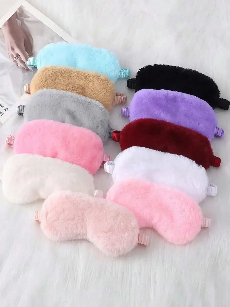 Plush Sleep Eye Mask With Adjustable Strap Solid Color Soft Faux Fur For Travel Home Use
