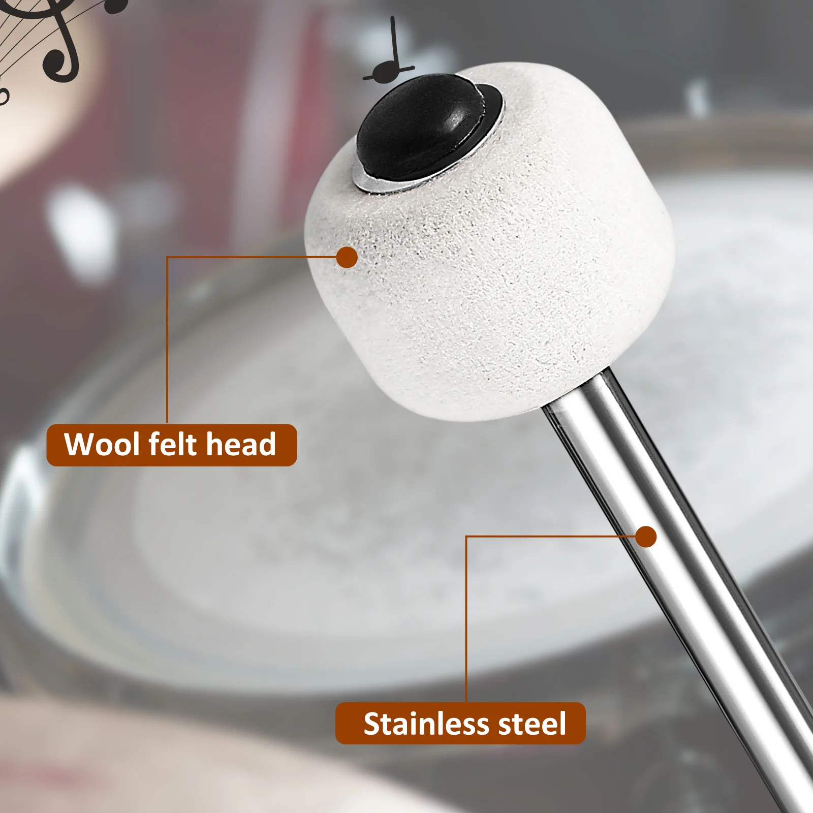 

2Pcs Professional Drum Mallets Stainless Steel Handle Wool Felt Head Lightweight Portable Drumsticks for Kids Adults Percussion