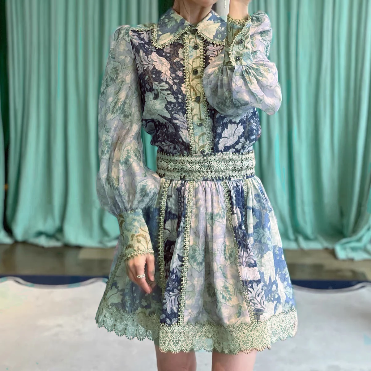 

Romantic tle 2025 Heavyweight Design Long Sve Printed Panel Lace Trim Top f Skirt Set Women's Faion Ensemble