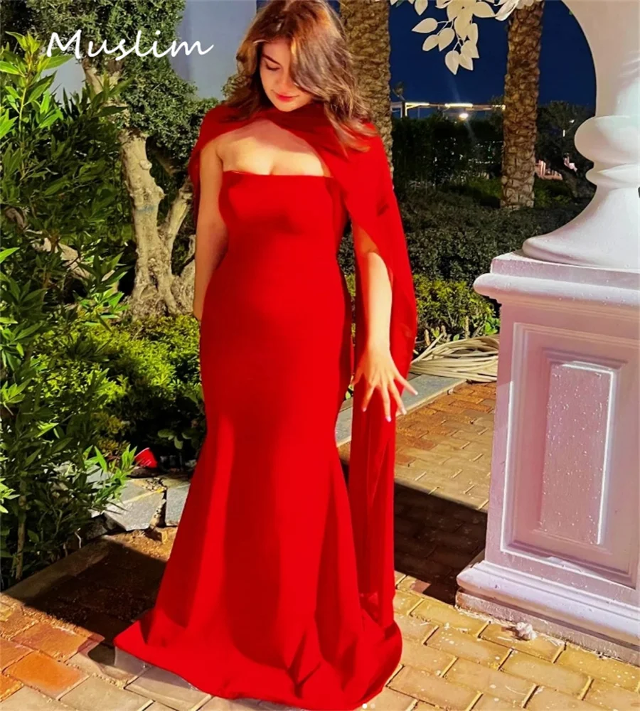 Charming Red Evening Dresses With Cape Elegant Mermaid Prom Dress Sexy Strapless Birthday Party Gowns Dinner Formal Customized