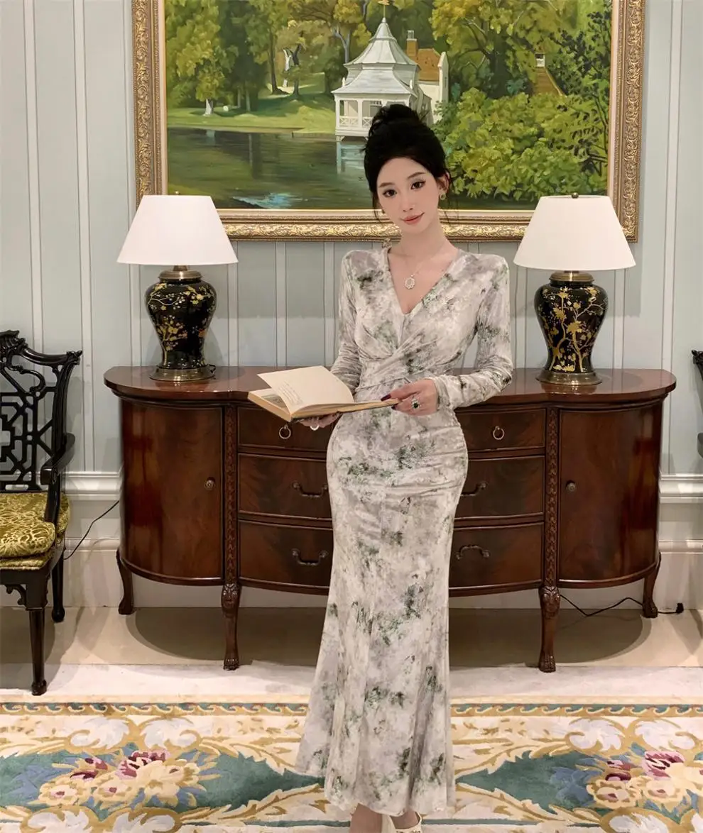 ヴィンテージ V ネック プリント クロスノット グリーン ベルベット ボディコン ミディドレス エレガント スリム パーティー プロム ドレス 女性用イブニングガウン