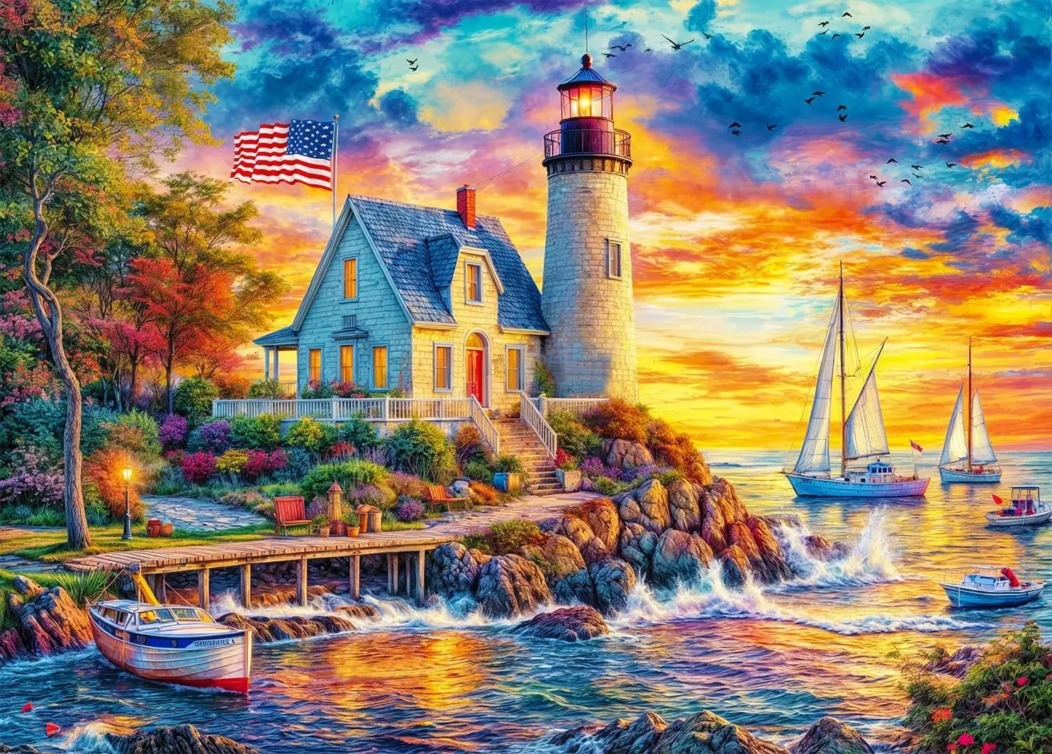 

300/500/1000 Pieces Jigsaw Puzzle Adults Entertainment Toy Sunset Lighthouse Landscape Wooden Puzzles Home Decor Children's Gift