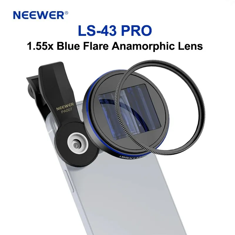 NEEWER LS-43 PRO 1.55x Blue Flare Anamorphic Lens 2.4:1 Ultra with 72mm Lens Filter Adapter Ring For iPhone 15 Pro Max