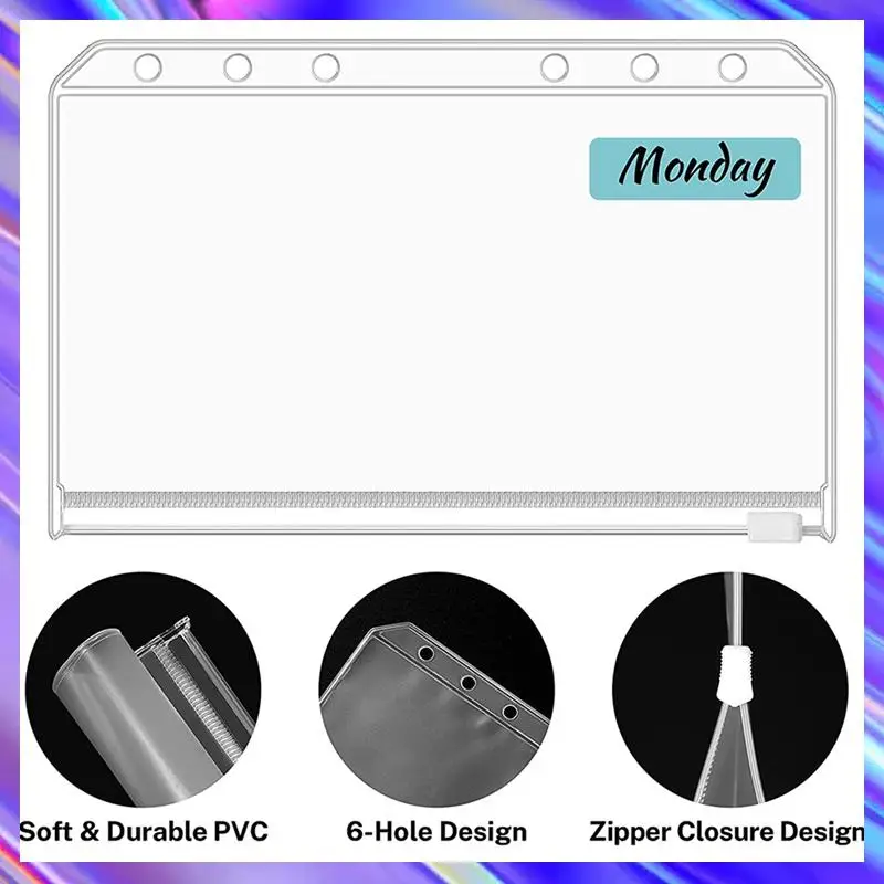

32PCS A6 Binder Pockets 6 Holes Budget Cash Envelopes Clear Zipper Folders For 6-Ring Budget Binder Notebook