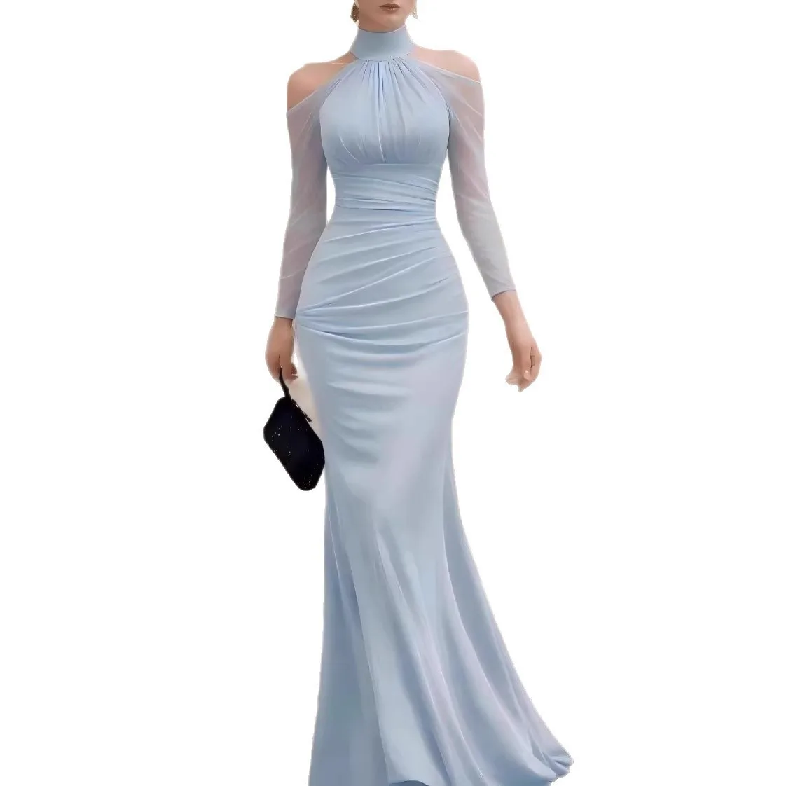 Elegant Party Wedding Guest Dress Off Shoulder Long Sleeve Mermaid Dresses High Waist Ruched Evening Dress Floor Length Maxi