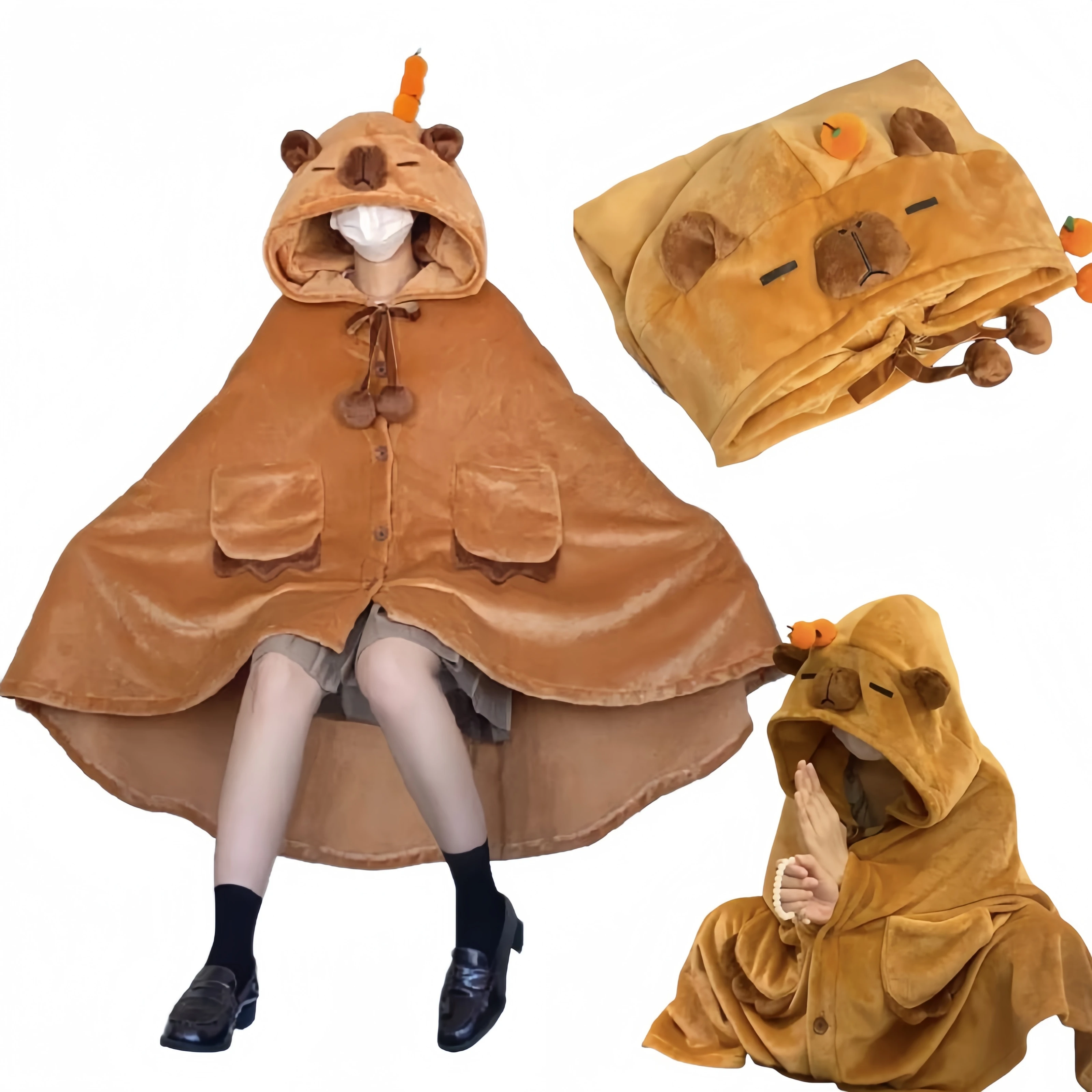 Capybara  Coral Fleece Pajamas Female Winter Thickened Padded One-piece Can Be Worn Outside The Home Clothing Cape Blanket