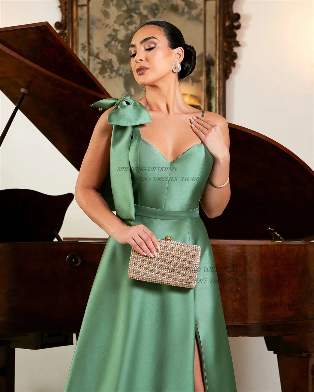 SPRAYING Mint Green Evening Party Dresses for Women A-line Side High Slit Prom Party Gown Spaghetti Straps Bow Custom Made