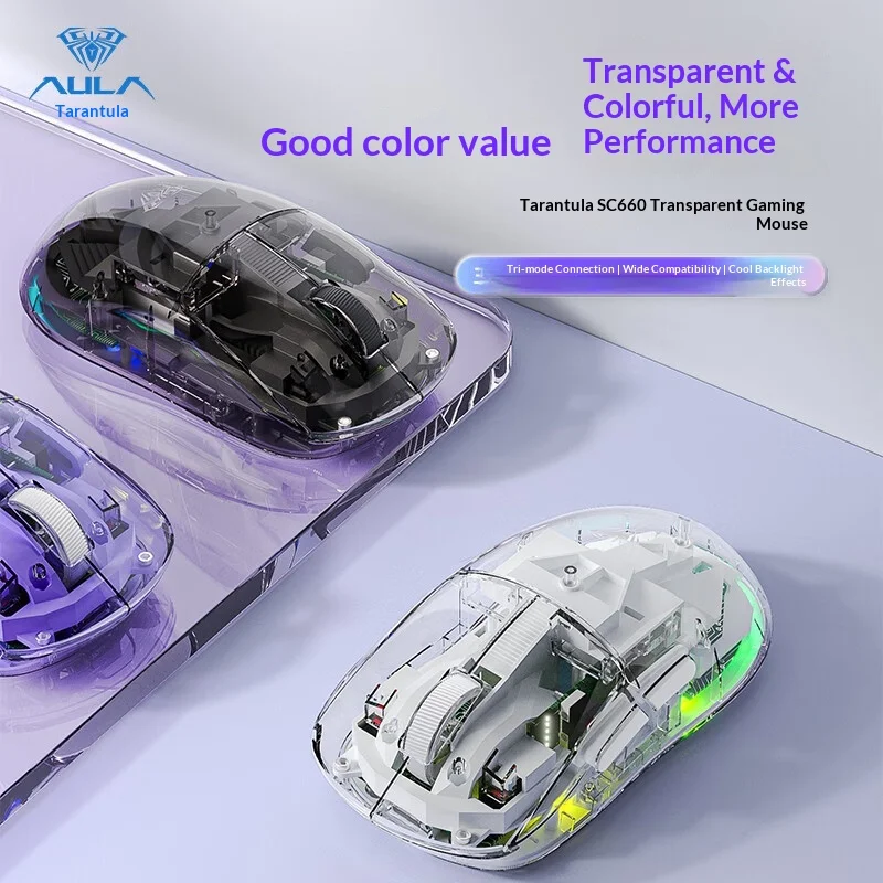 AULA Wireless Gaming Mouse SC660 Transparent Tri Mode Bluetooth Rgb Backlight Compatible For Laptop Pc Gaming Home Office