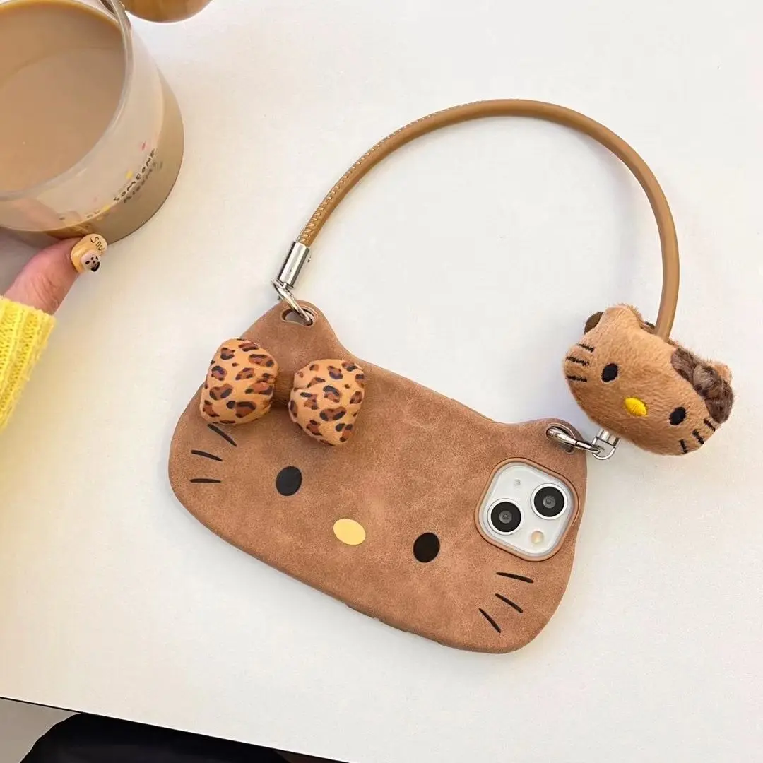 

Leopard Print Bow Hello Kitty Leather Handheld Phone Case for iPhone 16 Pro Max 15 Pro 14 Full Coverage Phone Protective Cover