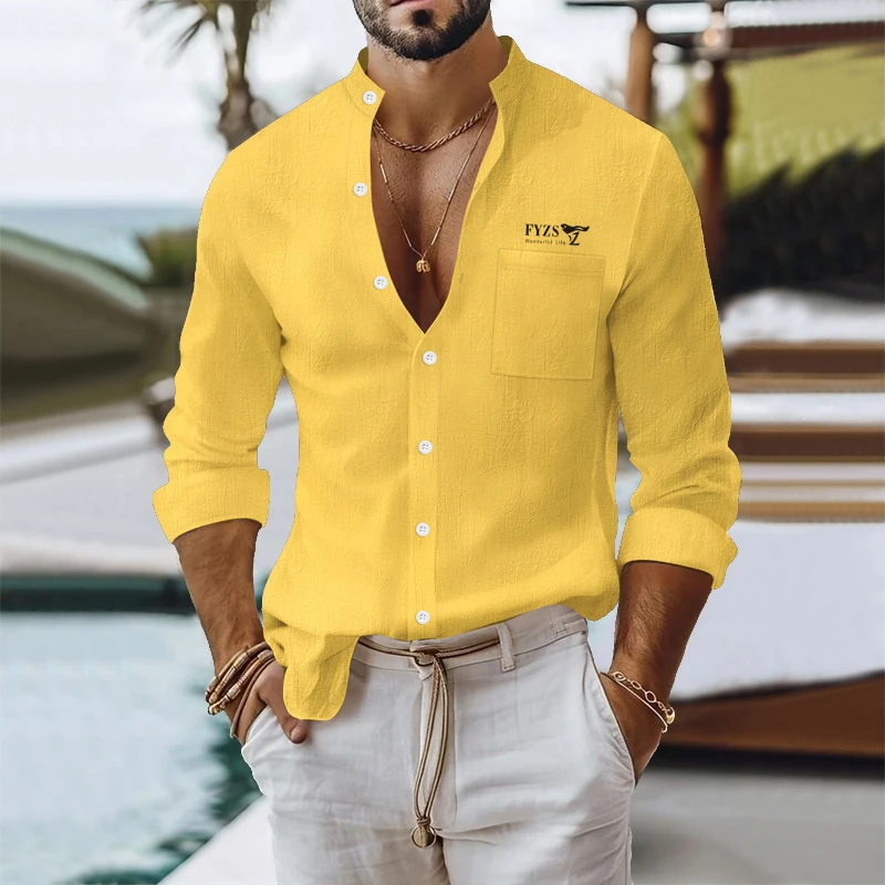 Men's Cotton Linen Shirts Solid Color pocket Long Sleeved Shirt Summer business casual Blouses Male Stand Collar Beach Style Top