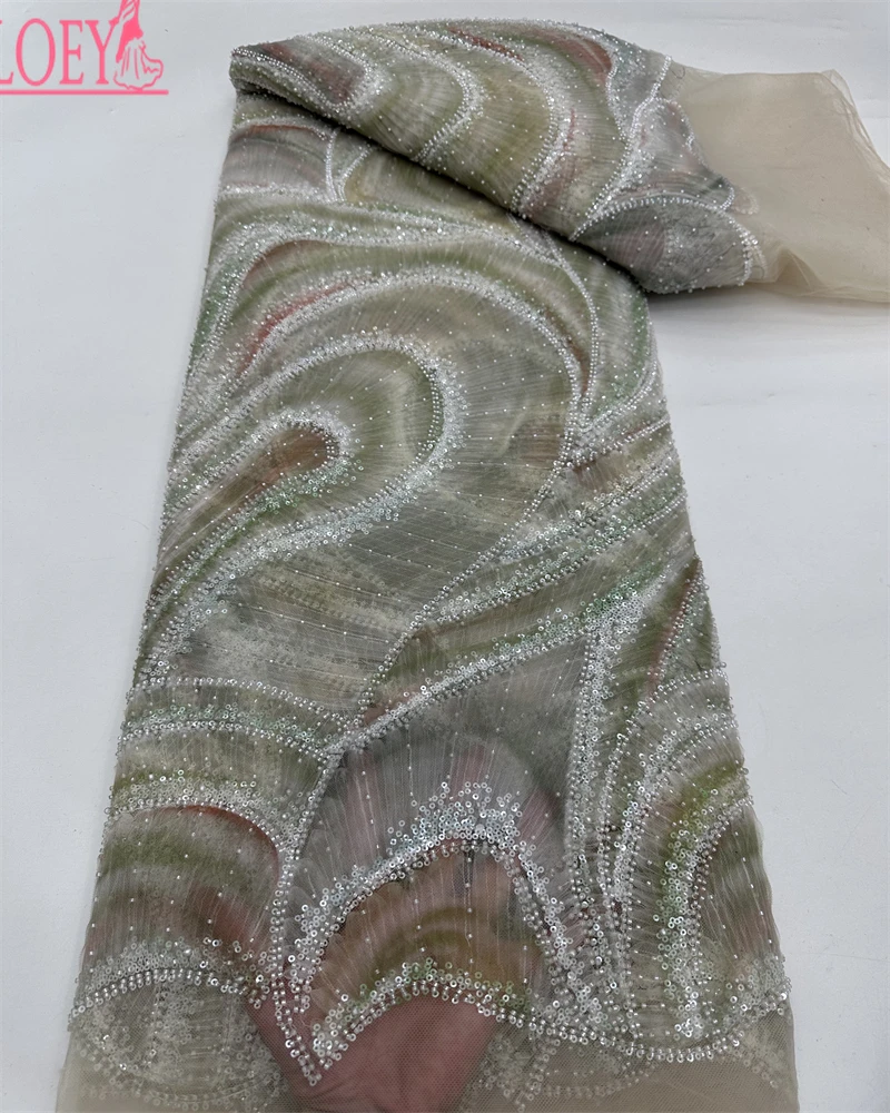 OLOEY Tessuti di pizzo africano Nigeriano francese Maglia di perline Paillettes Tessuti di pizzo netto di alta qualità 2025 Cucire abiti da sera per le donne