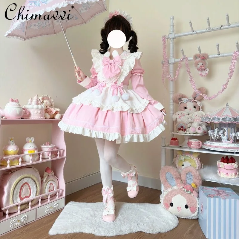 Lolita Style Long-sleeved Cute Bow Rabbit Ear Dress Autumn and Winter New Sweet Girl Long-sleeved Student Kawaii Short Dresses