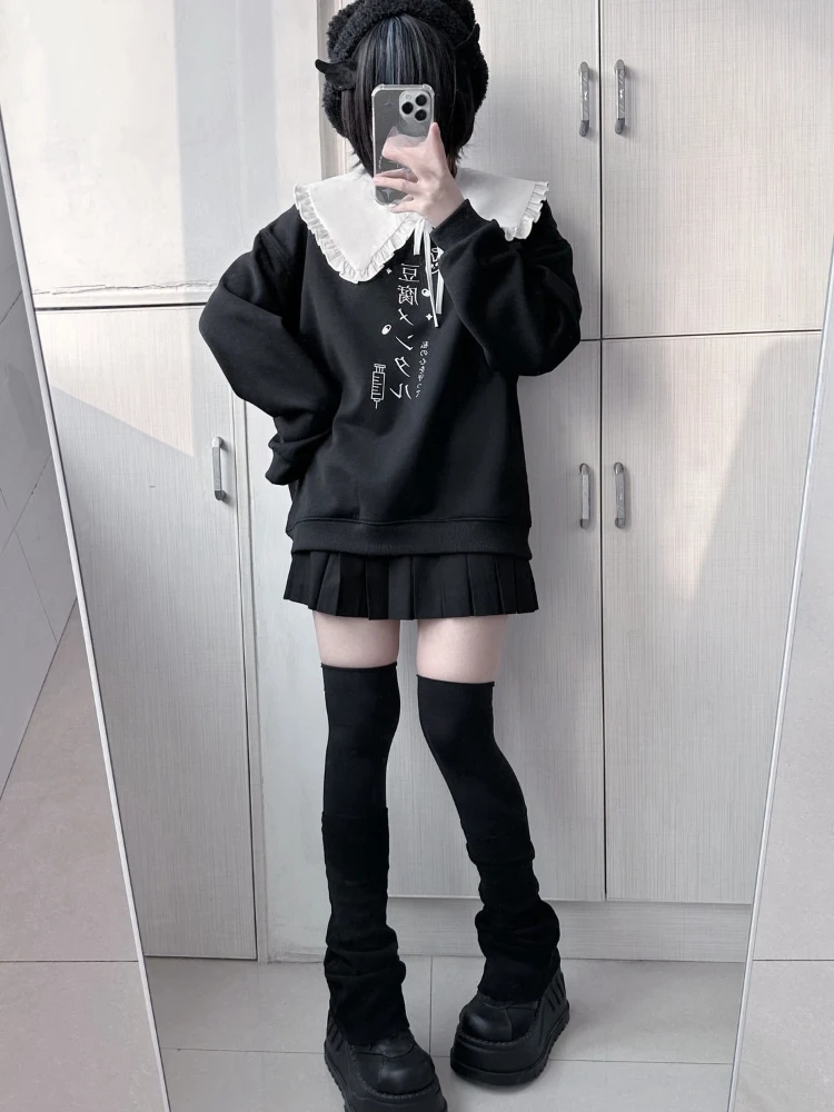 Estilo japonês subcultura bonito doce menina pulôver sólido y2k feminino outono solto casual moda moletom com capuz