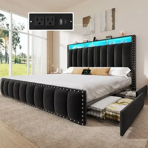 Queen Size Bed Frame with 4 Storage Drawers and RGB LED Lights, Velvet Upholstered Platform Bed with Charging Station