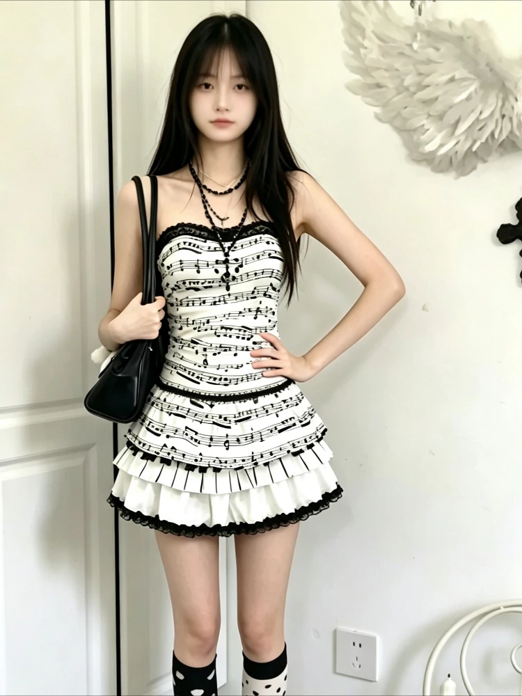 2026 Summer Japanese Star Print Camisole Glitter Tier Skirt Two Piece Set Women Y2k Harajuku Daily Casual Fashion Outfit
