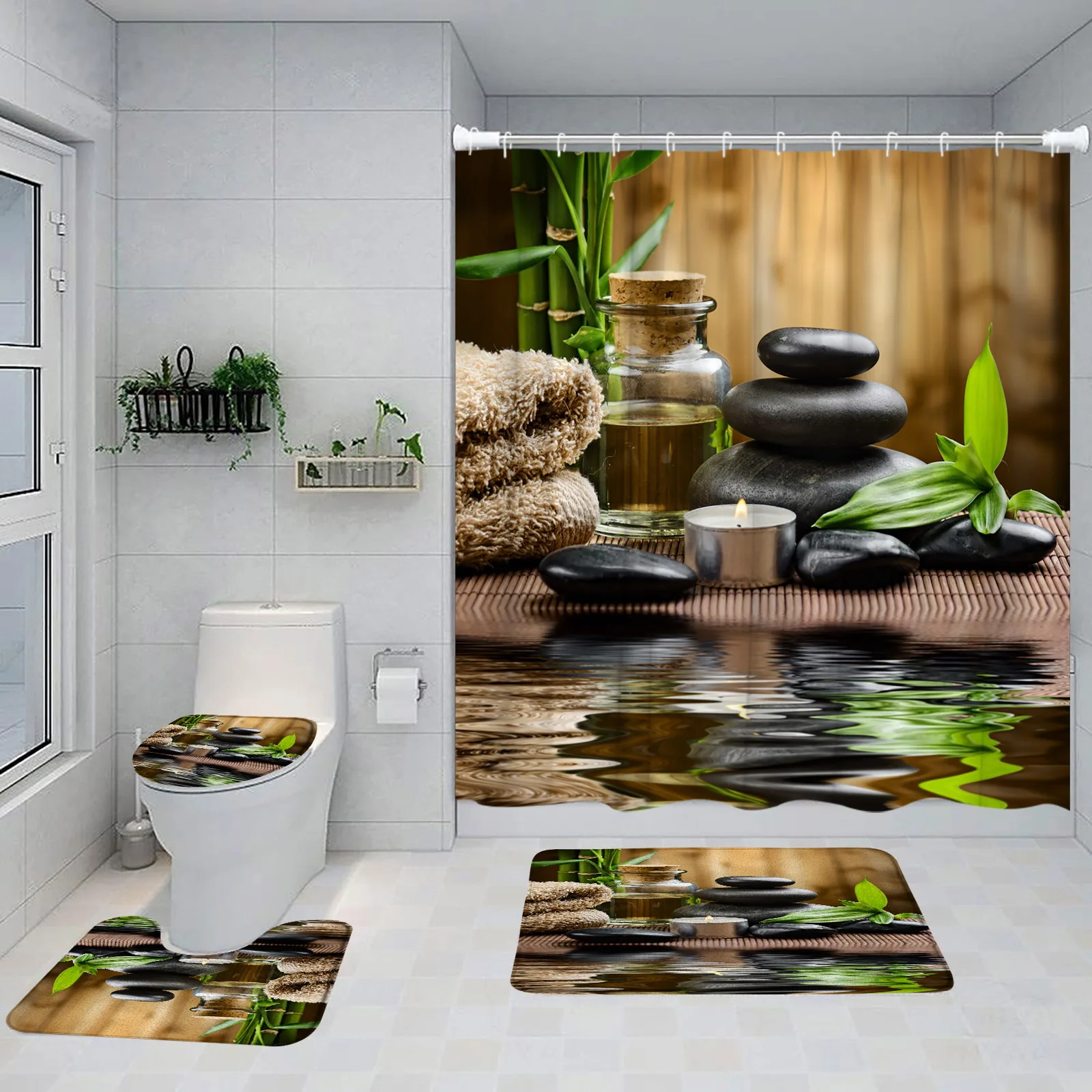 Zen SPA Bathroom Curtain Set Green Bamboo Candle Purple Phalaenopsis Lotus Bath Decorations Buddha Bathtub Mat Toilet Lid Cover