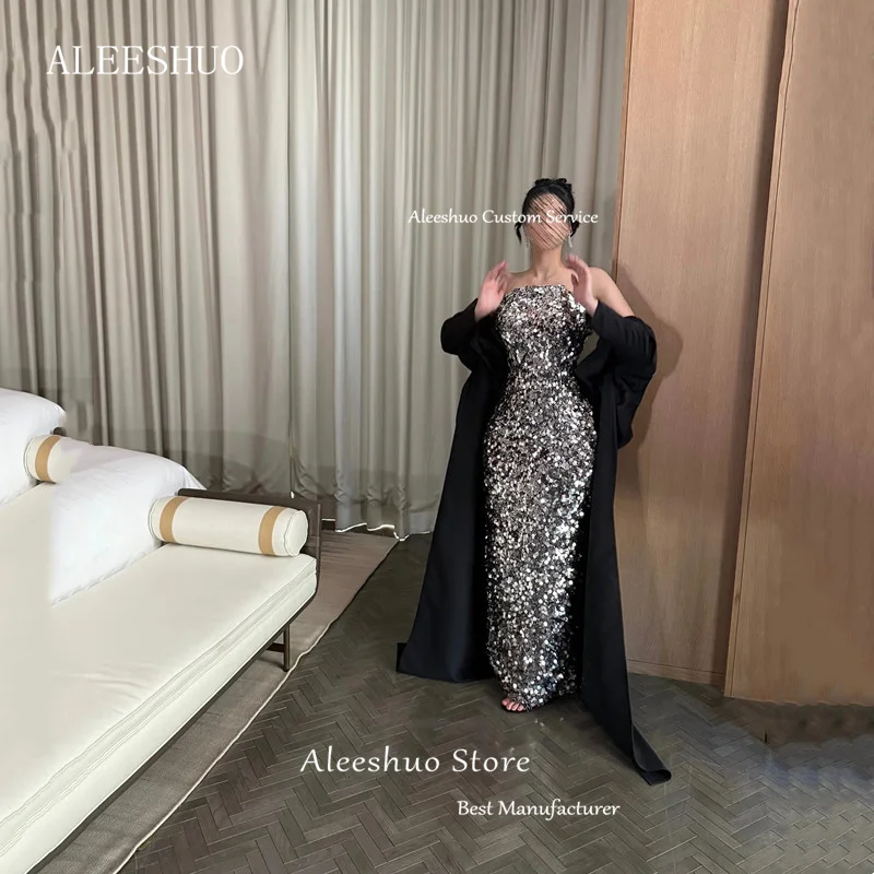 Moderne Meerjungfrau-Pailletten-Abschlussballkleider, plissiert, trägerlos, halbe Ärmel, langer Zug, Party, formelles Abendkleid, sexy, rückenfrei, individuell