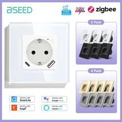 BSEED Single Zigbee Smart Power Socket With Type-c USB Fast Charging Ports 20W Monitor Function EU Standard 86mm 2/3/4Pack