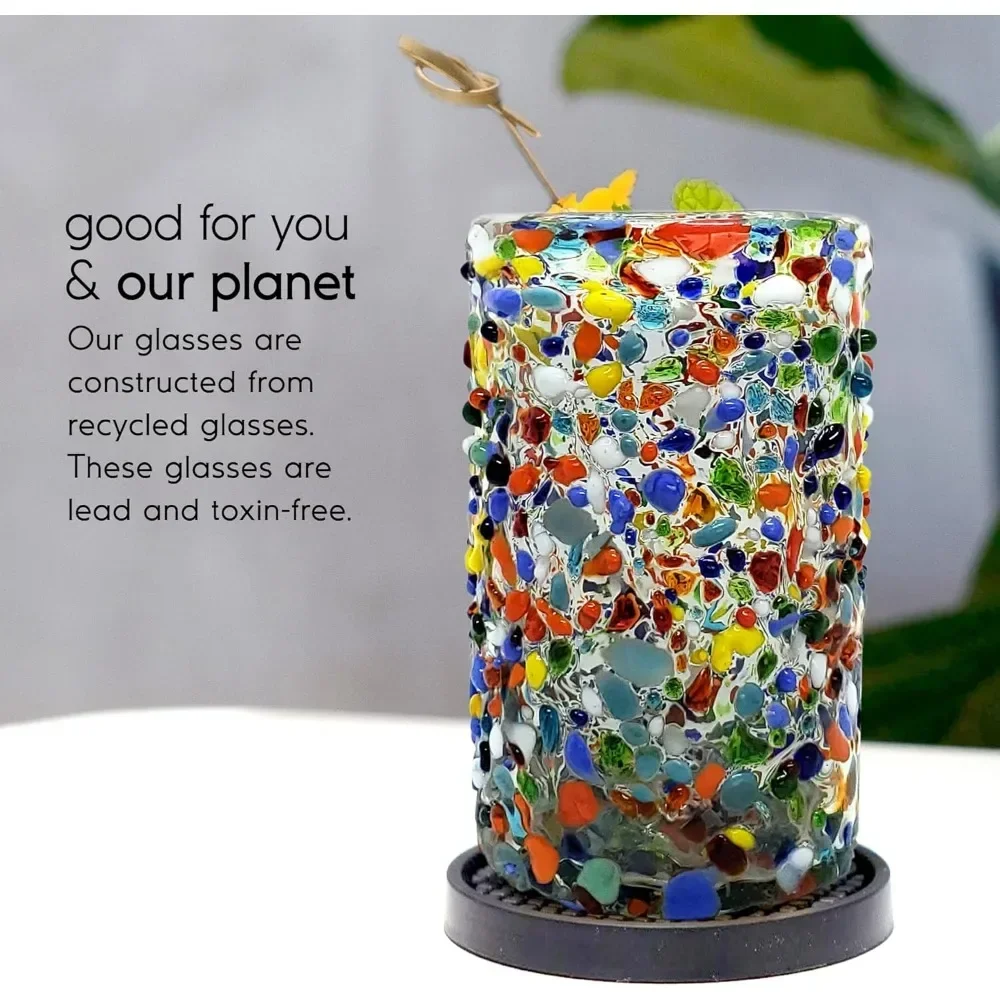 A  Confetti 14 oz Drinking Glasses, set of 6, Mexican Handmade Multicolor Glassware, Recycled Glass, Lead & Toxin Free (Drinkin