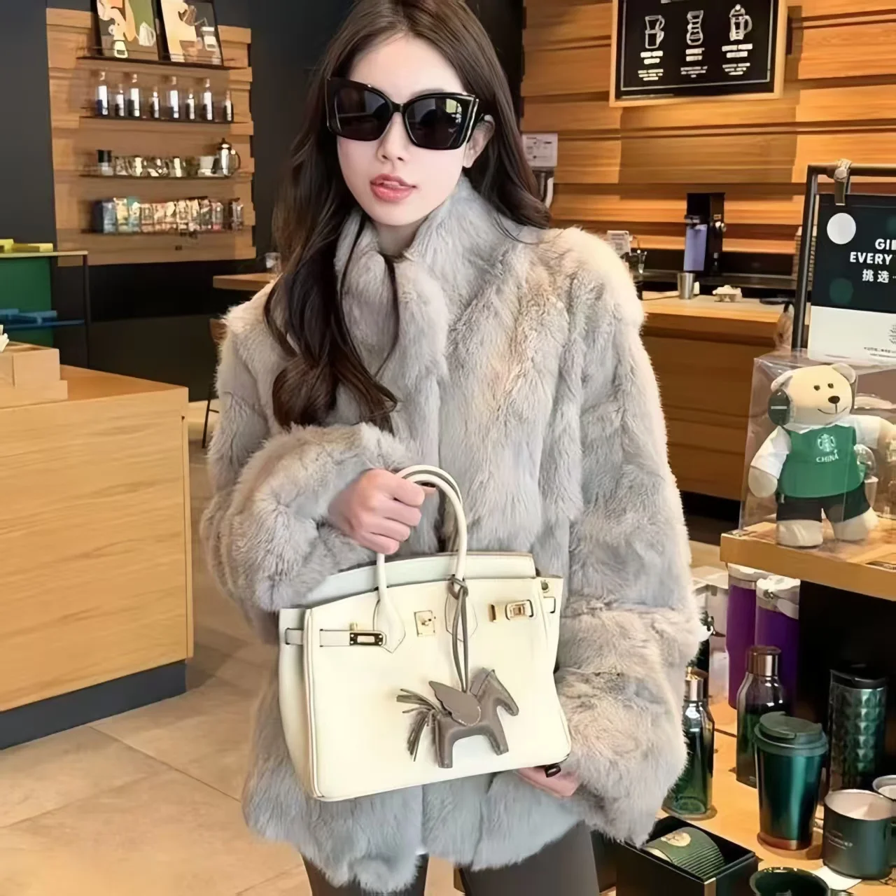 Real Rex Rabbit Fur Coat Women Autumn Winter Single Breasted Jacket New Fashion Elegant Female O-Neck Outerwear