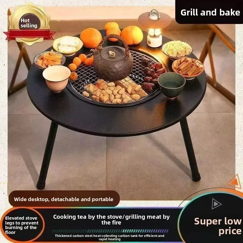 

Indoor Outdoor BBQ Grill Set Tea Kettle Heating Basin Wood Charcoal Fuel Stainless Steel Grid Portable Camping Travel Gear