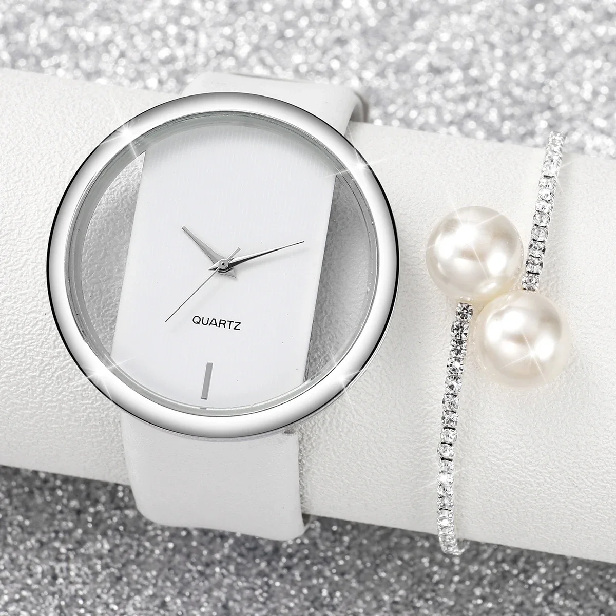 2PCS/Set Women's Watch Pearl Diamond Bracelet Set Fashion Hollow Dial Leather Band Quartz Watches