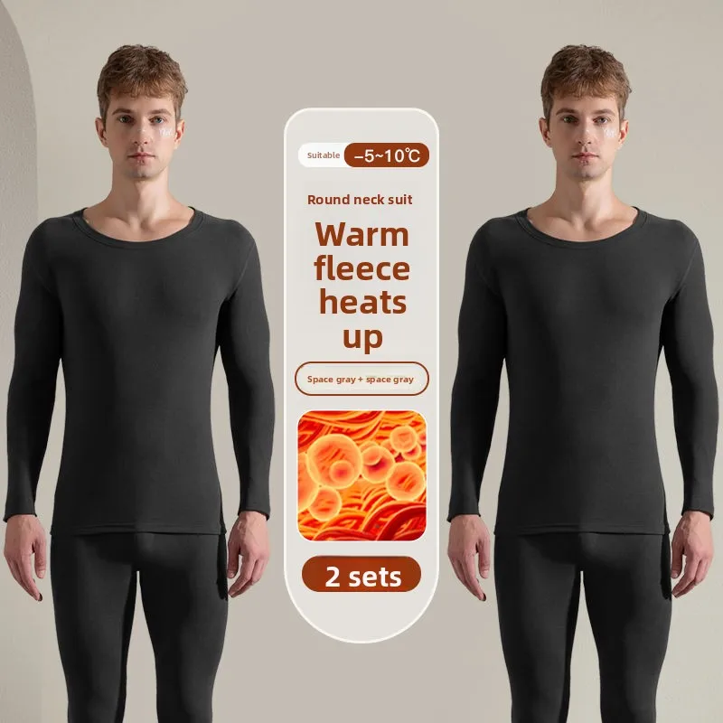 오리털 실크 보온 내의 남성용 세트 플리스 두꺼운 청소년용 긴 내복 방한 따뜻한 잠옷 세트