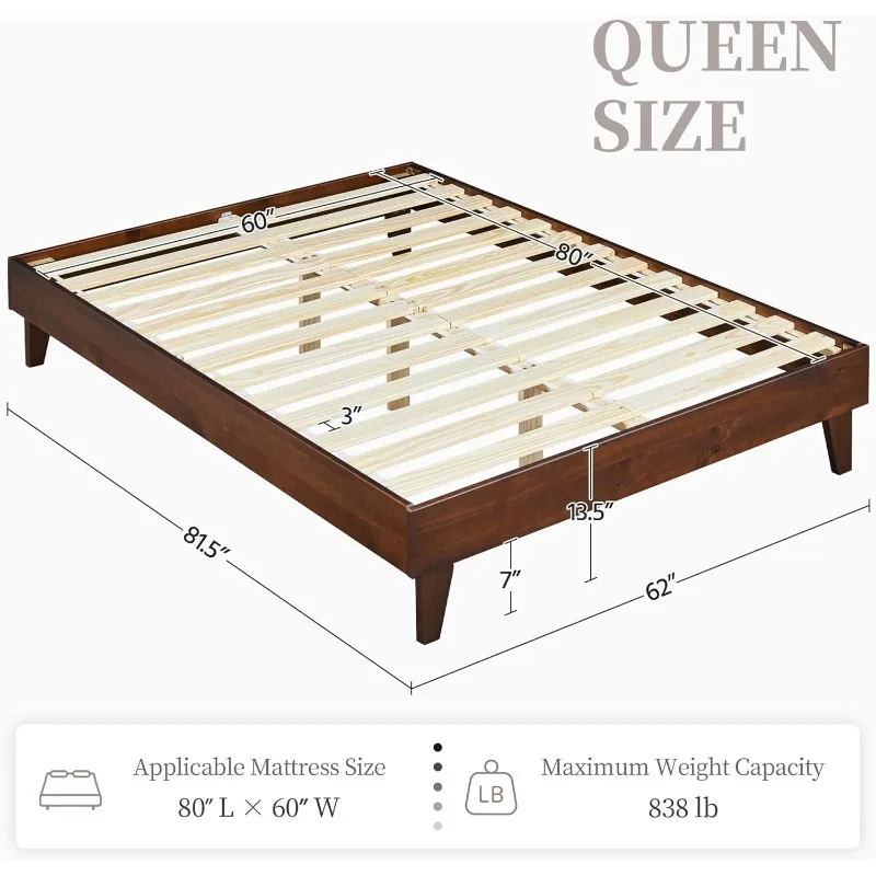 Queen Solid Pine Wood Platform Bed Frame - Reserved Holes for Headboard, Wooden Slats Support, 7.5