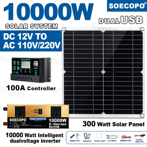 10000W 태양계 전원 키트 12V/24V 듀얼 전압 LCD 인버터 100A 컨트롤러 가정용/RV/캠핑 발전소 용 300W 패널