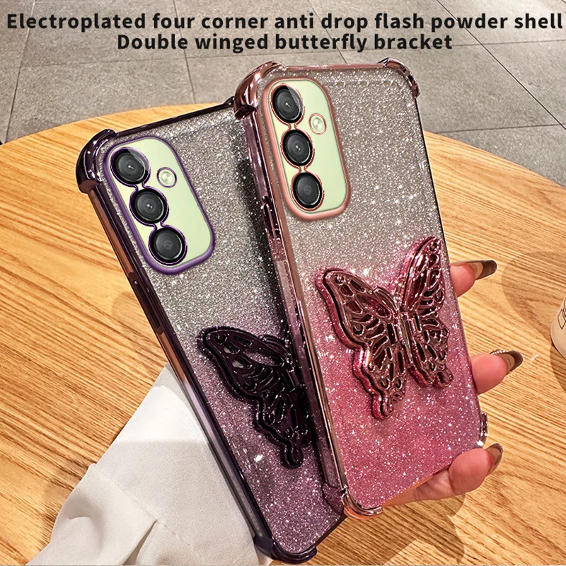 

Luxury Butterfly Phone Case For Samsung Galaxy A25 Glitter Pink Purple Corner Bumper Silicone Back Cover Samsung A25 Samsung 25