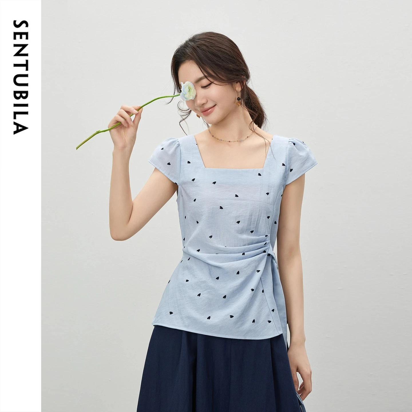 

SENTUBILA Women's Heart Print Chiffon Blouse Summer Office Square Neck Pleated Ruched Tie Waist Short Sleeve Shirt 162VB5766