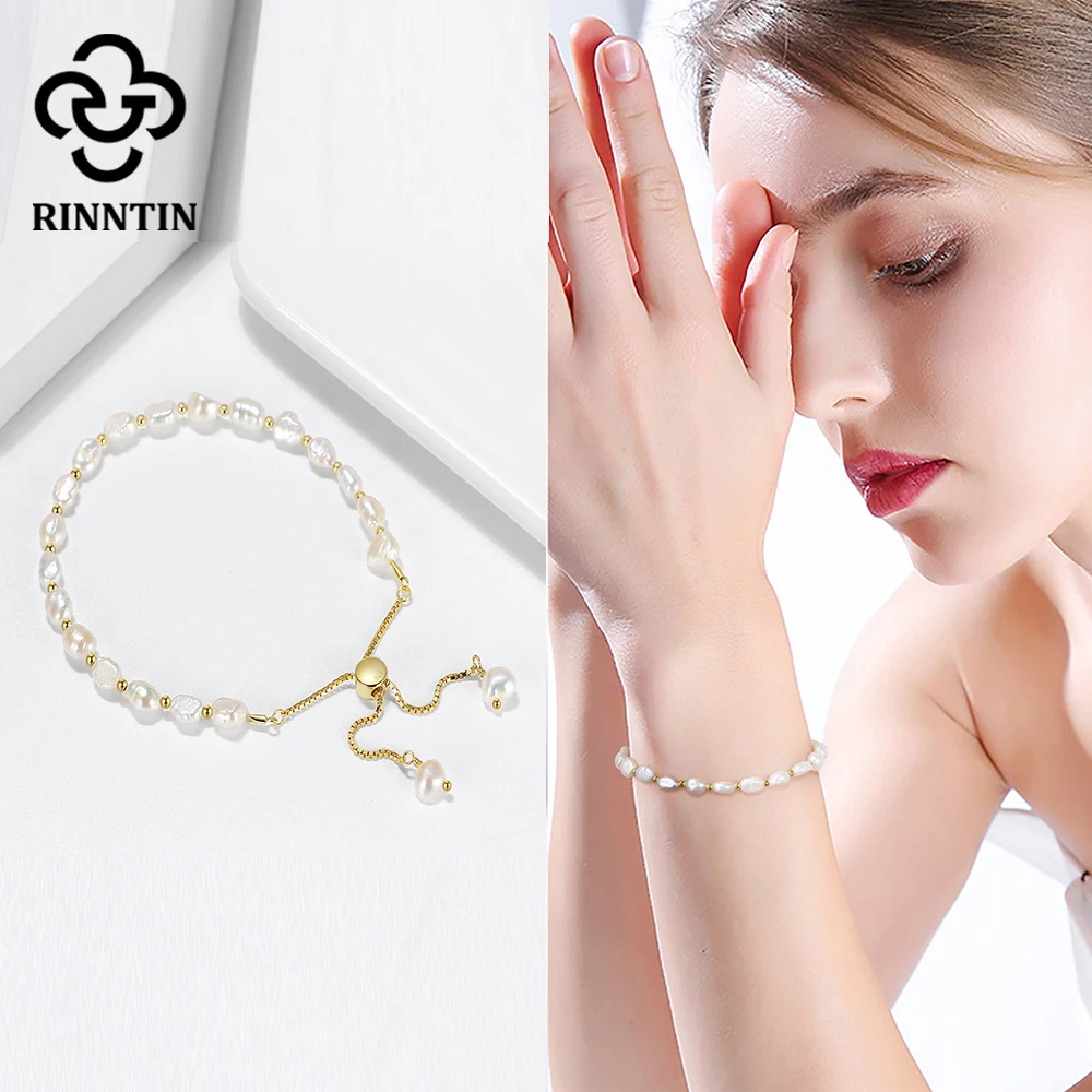 

Rinntin 925 Sterling Silver Pearl Link Chain Bracelet Fashion Dainty 14K Gold Culture Baroque Pearl Handmand Jewelry GPB09