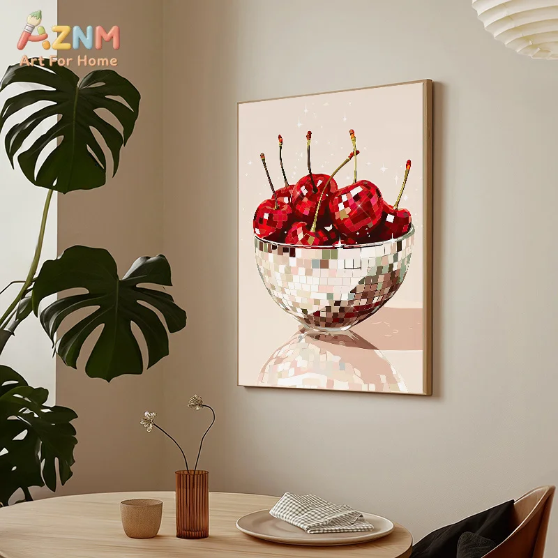 AZNM Disco Ball Bowl Red Cherry Canvas Wall Art Trendy Sparkly Fruit Print Unframed Canvas Painting For Kitchen Dining Room Aest