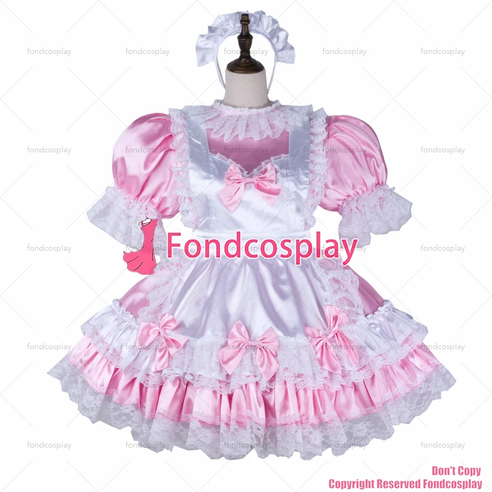 fondcosplay adult sexy cross dressing sissy maid short baby pink satin dress lockable white apron Uniform CD/TV[G2338]