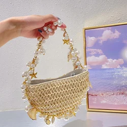 Bolso de paja con perlas bohemias para mujer, bolsos de hombro de playa de media luna, bolsos cruzados de ratán de diseñador