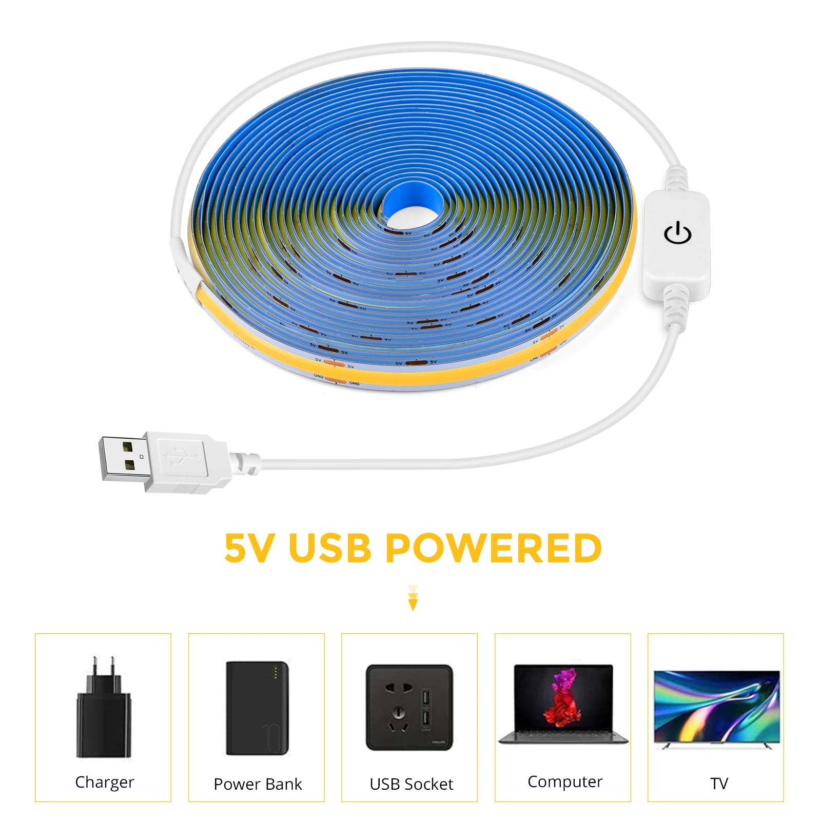 1M 2M 3M 5M Ściemnialna taśma LED COB, 5V USB Ściemnialna taśma LED COB z dotykowym przełącznikiem ściemniacza do oświetlenia kuchni domowej