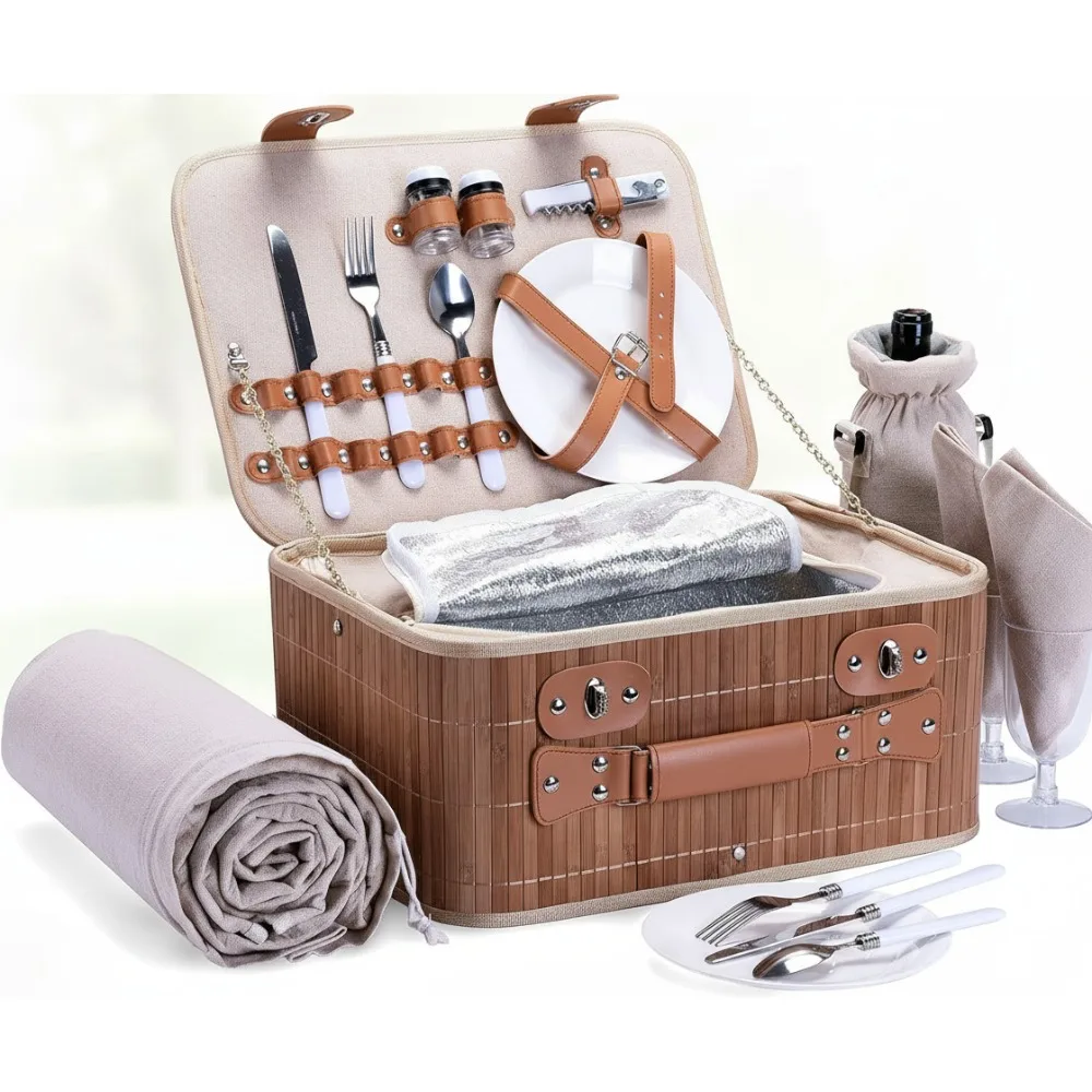 

2-Person Picnic Basket Set with Waterproof Blanket & Insulated Wine Pouch for Couples, Camping, Outdoor Gifts