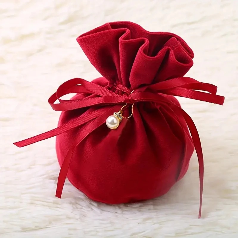 1pc sacchetto di caramelle in velluto rosso con ciondolo perlato, elegante sacchetto per bomboniere, confezione regalo per dolcetti di compleanno e