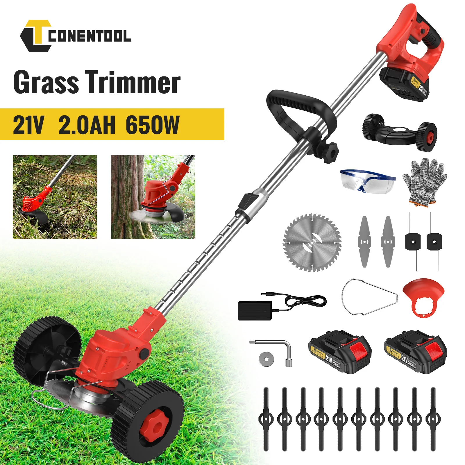 Rasentrimmer, 21 V kabelloser Rasentrimmer, elektrischer Unkrautfresser mit 2 Batterien und 4 Arten