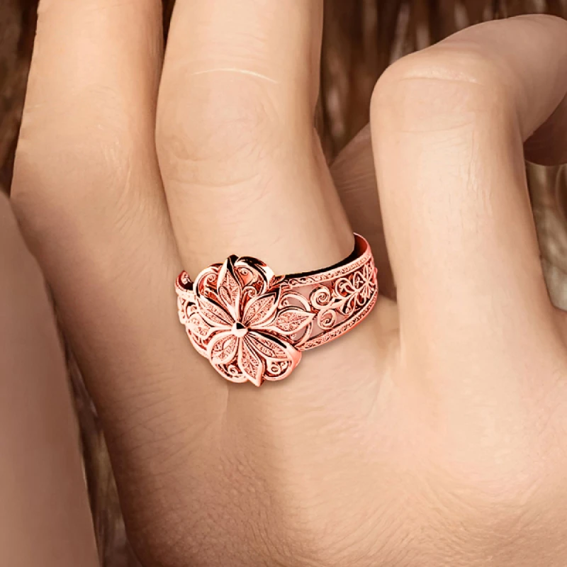 Huitan Wunderschöner Damenring, ästhetisches Blumen-Gravur-Design, trendiges Zubehör für Party, Hochzeit, bezaubernder, schicker Schmuck, Geschenk für Damen – Detail 9