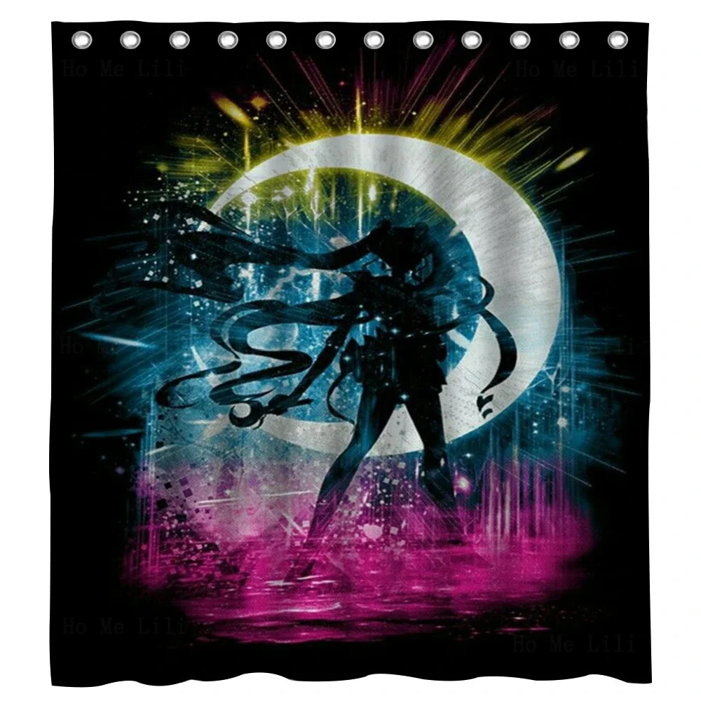 Japanese Cartoon Cute Girls Crescent Moon Silhouette Anime Ukiyo-e Shower Curtain With 12 Hooks By Ho Me Lili For Bath Decor