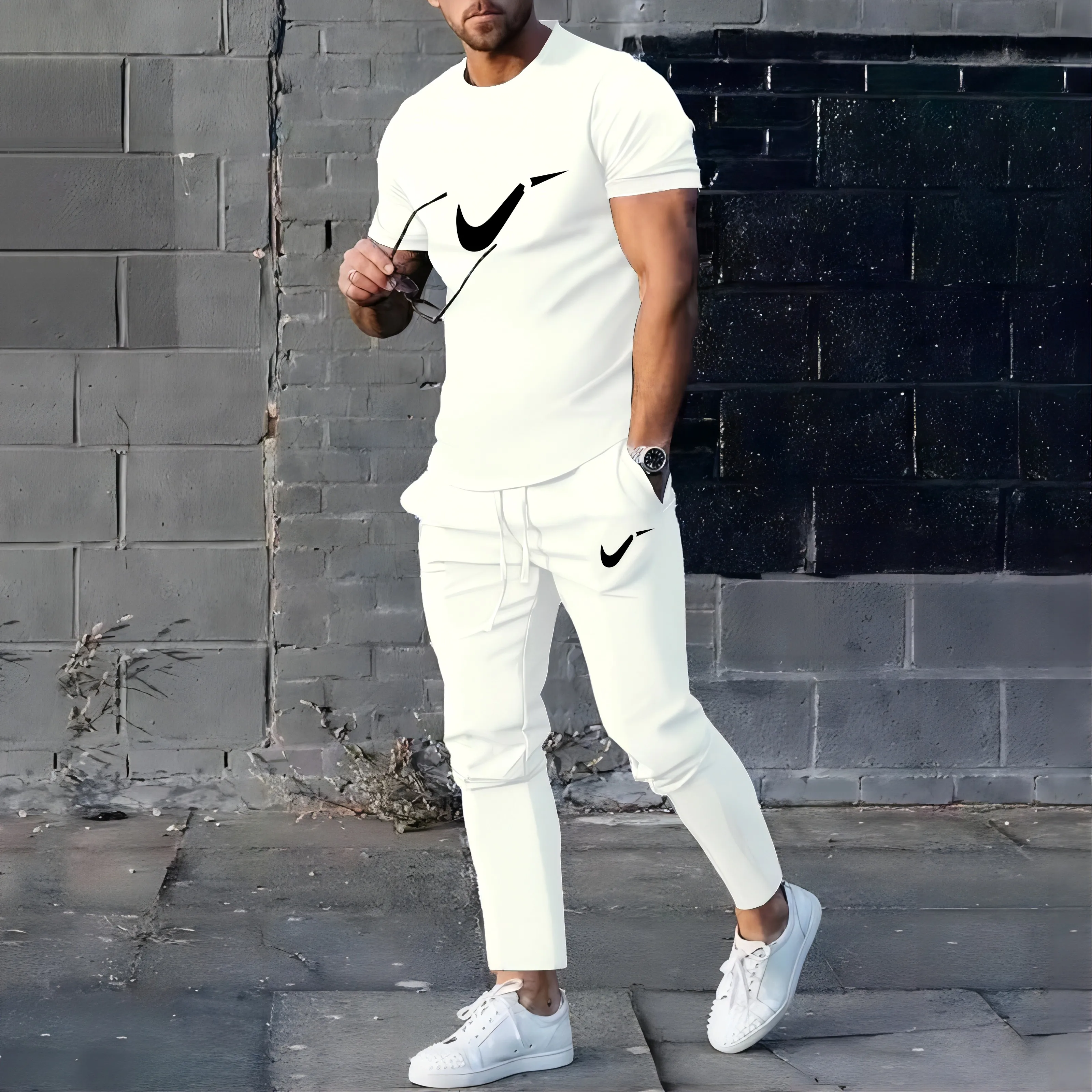 Summer men\'s golf sports set 2-piece long pants printed short sleeved T-shirt+long pants streetwear trendy men\'s clothing