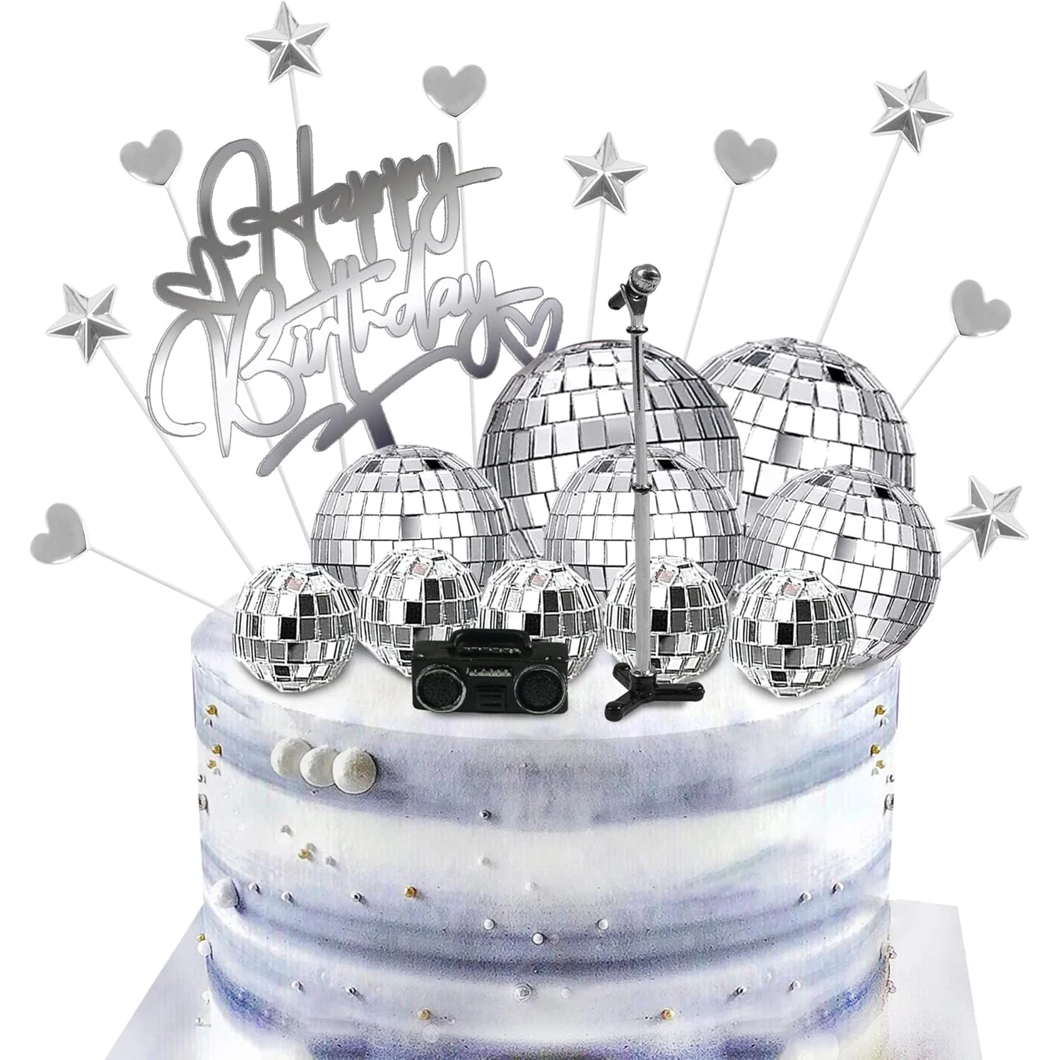 23 Stück Disco-Kugel-Kuchenaufsätze mit DJ-Bling-Silber-Spiegelkugeln und Mini-Mikrofon-Radio-Dekor für 70er-Jahre-Tanzpartyzubehör