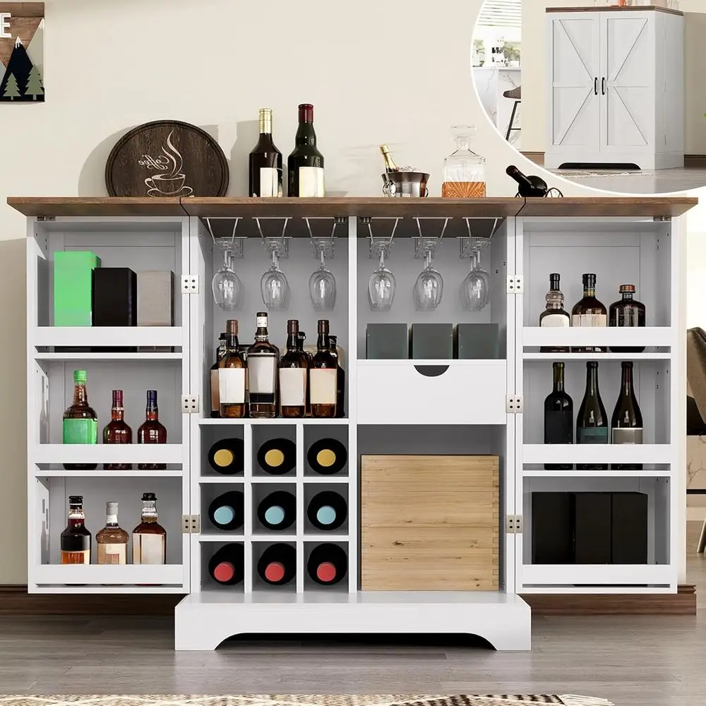 61 Rustic White Expandable Home Bar Cabinet with 9 Wine Racks and Storage for Wine & Liquor